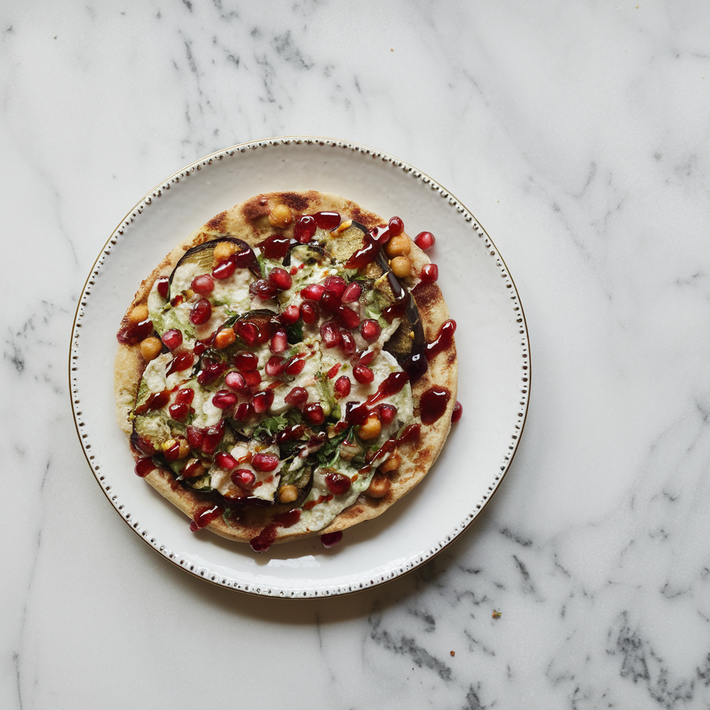Za'atar-Spiced Eggplant and Chickpea Flatbreads with Pomegranate Drizzle