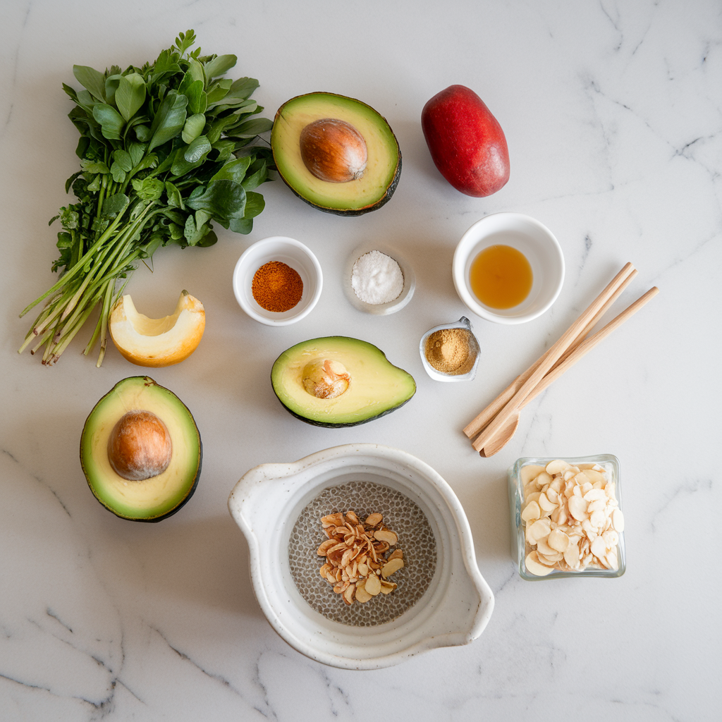 Ingredients for Zesty Avocado Chia Breakfast Pudding with Spiced Almond Crunch