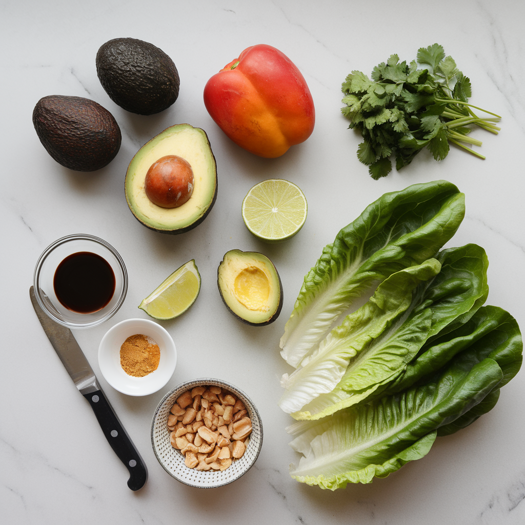 Ingredients for Zesty Avocado and Mango Lettuce Wraps with Spicy Peanut Sauce