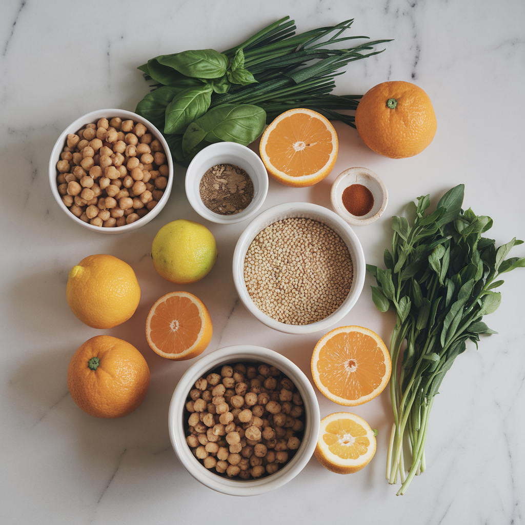 Ingredients for Zesty Citrus Basil Chickpea Stir-Fry with Quinoa