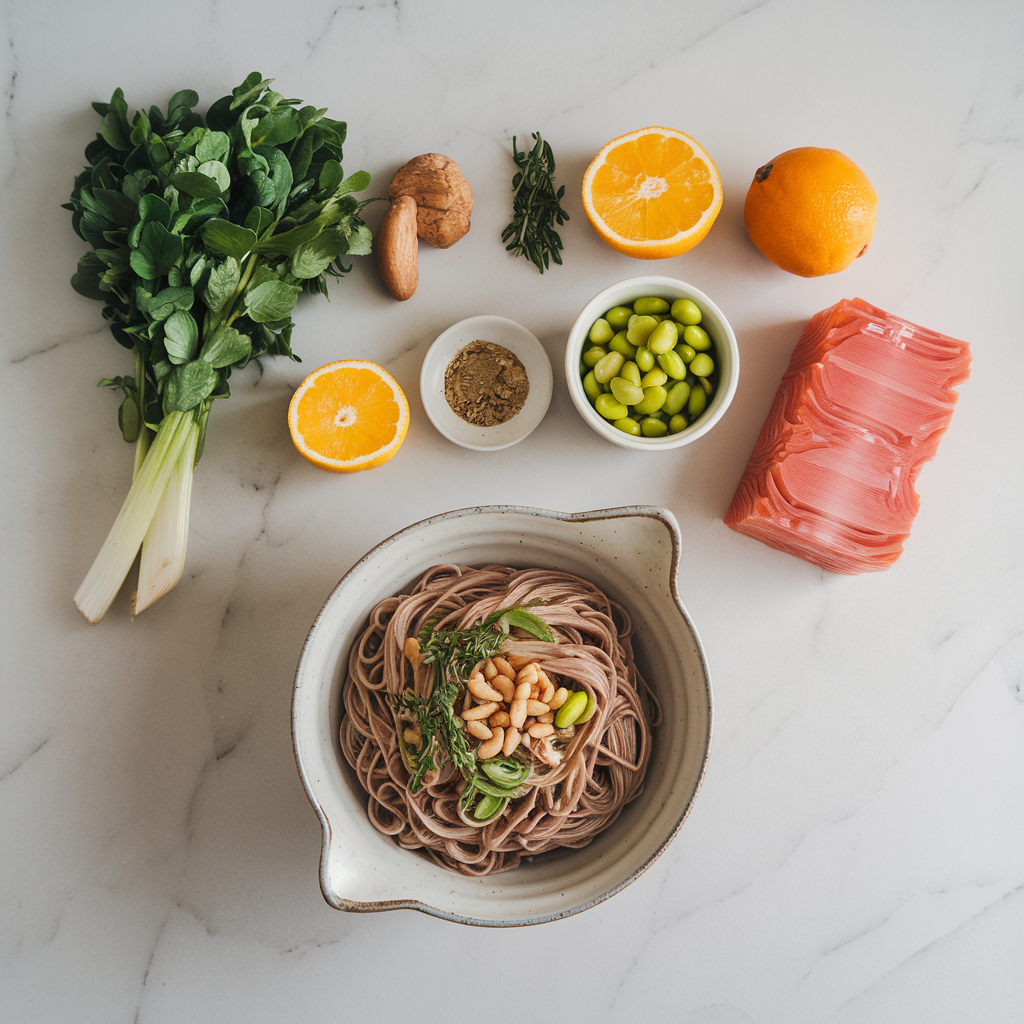 Ingredients for Zesty Citrus Soba Noodle Stir-Fry with Edamame and Pine Nuts