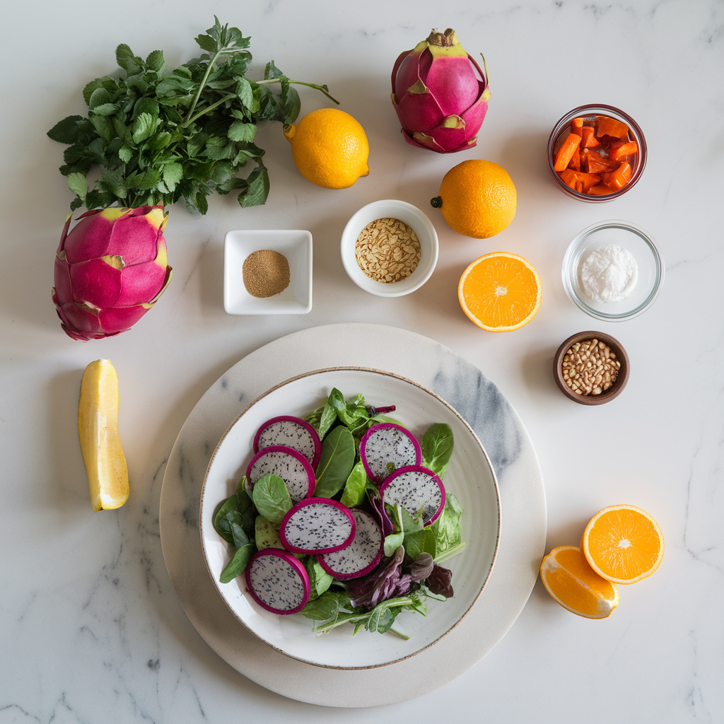 Ingredients for Zesty Dragon Fruit & Lentil Power Salad with Citrus-Miso Dressing
