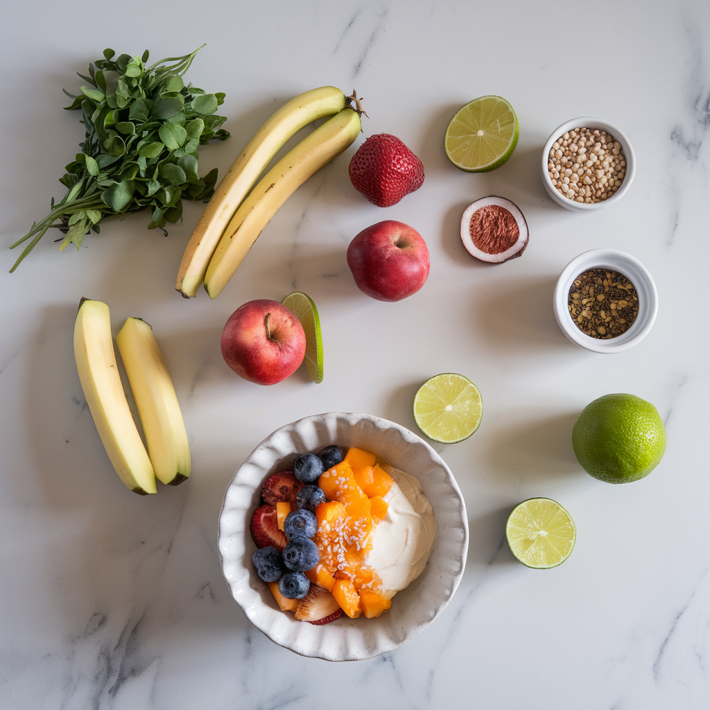 Ingredients for Zesty Ginger-Infused Quinoa Fruit Parfait with Coconut Lime Cream