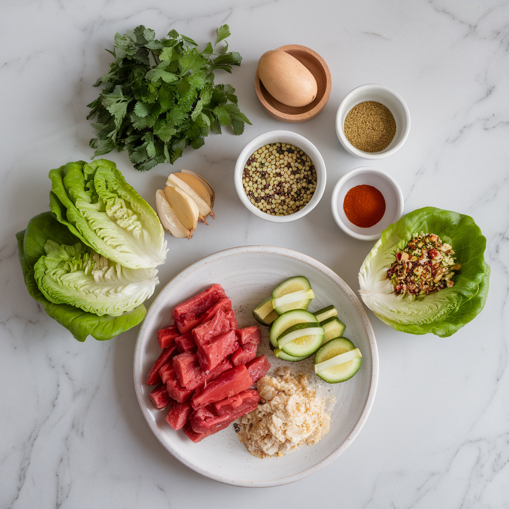 Ingredients for Zesty Lamb Lettuce Wraps with Quinoa and Pistachio Crunch