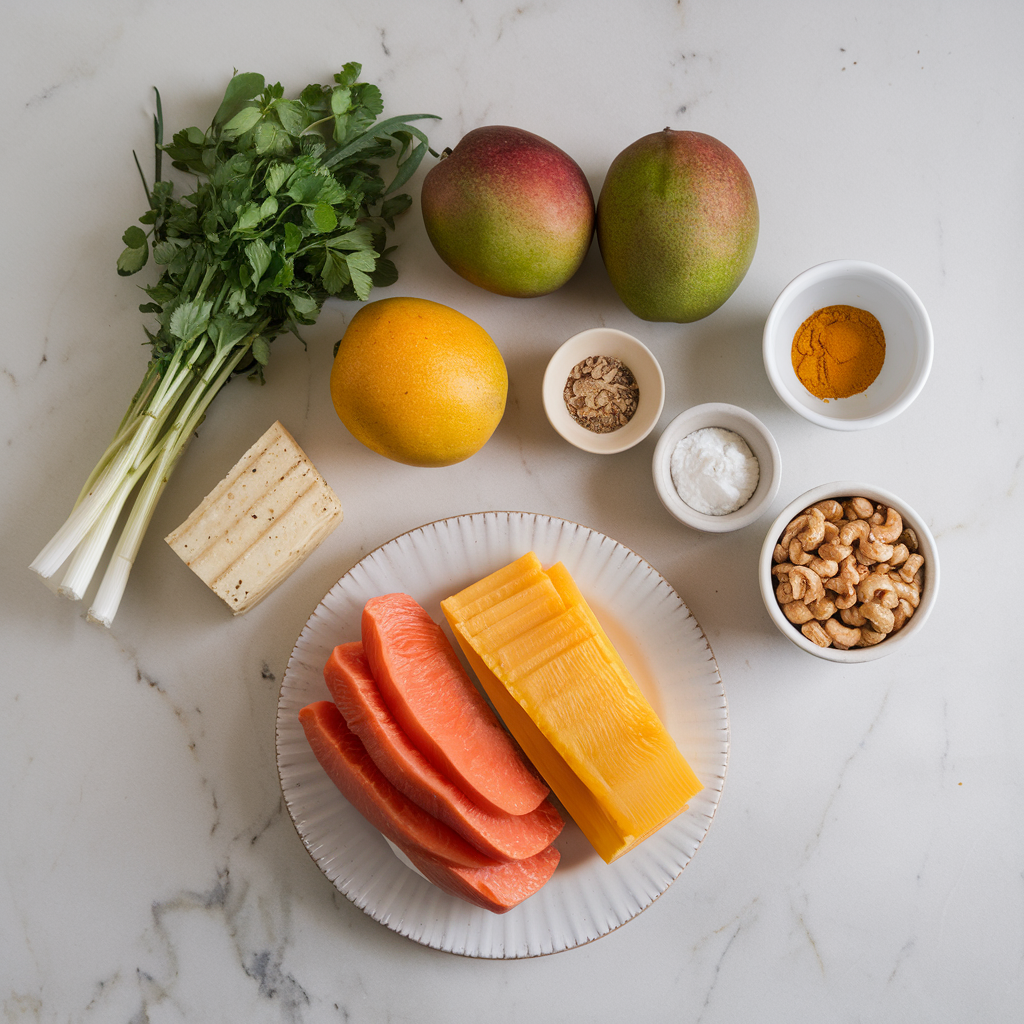 Ingredients for Zesty Lentil and Mango Stir-Fry with Cashew Crumble
