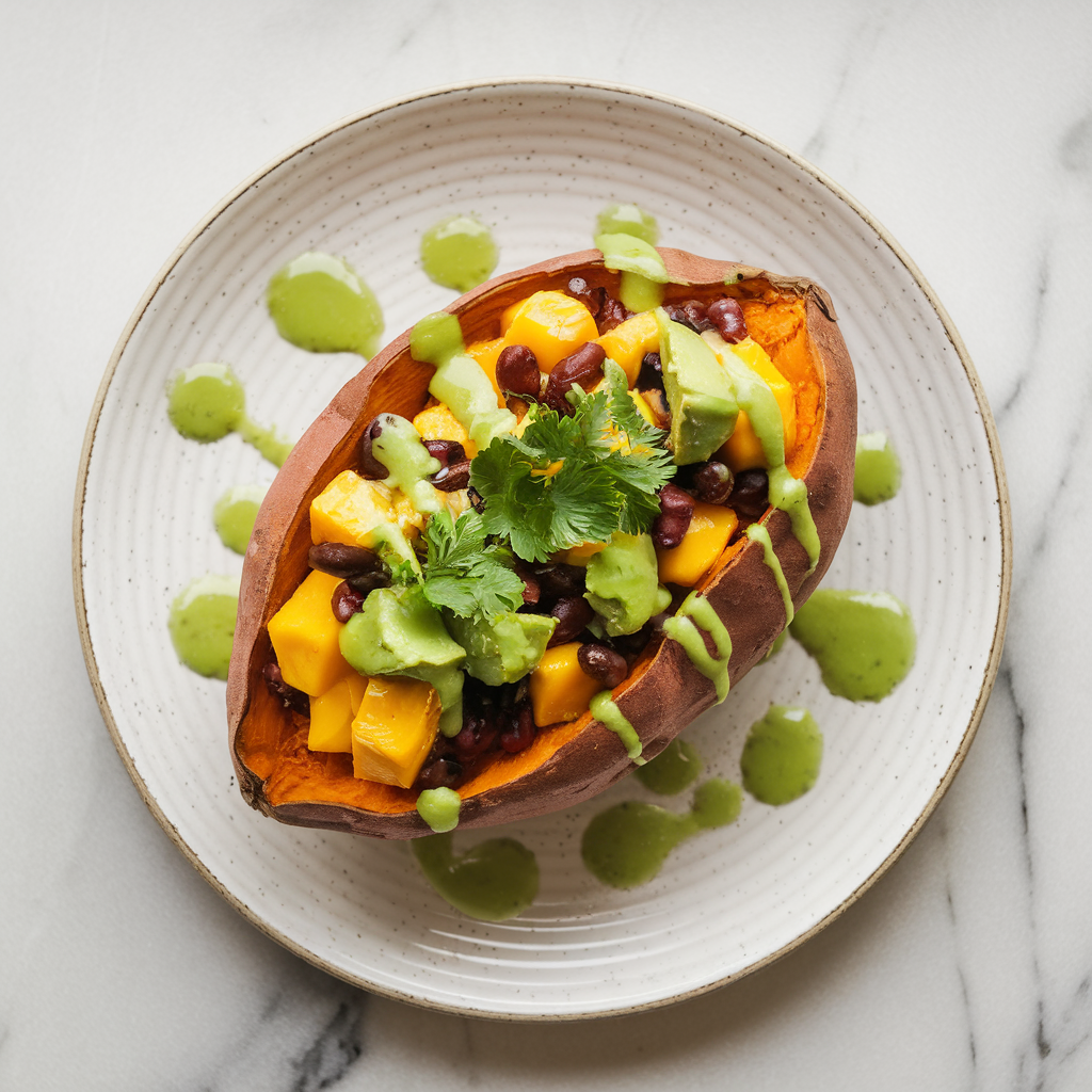Zesty Mango & Black Bean Stuffed Sweet Potatoes with Avocado Lime Drizzle