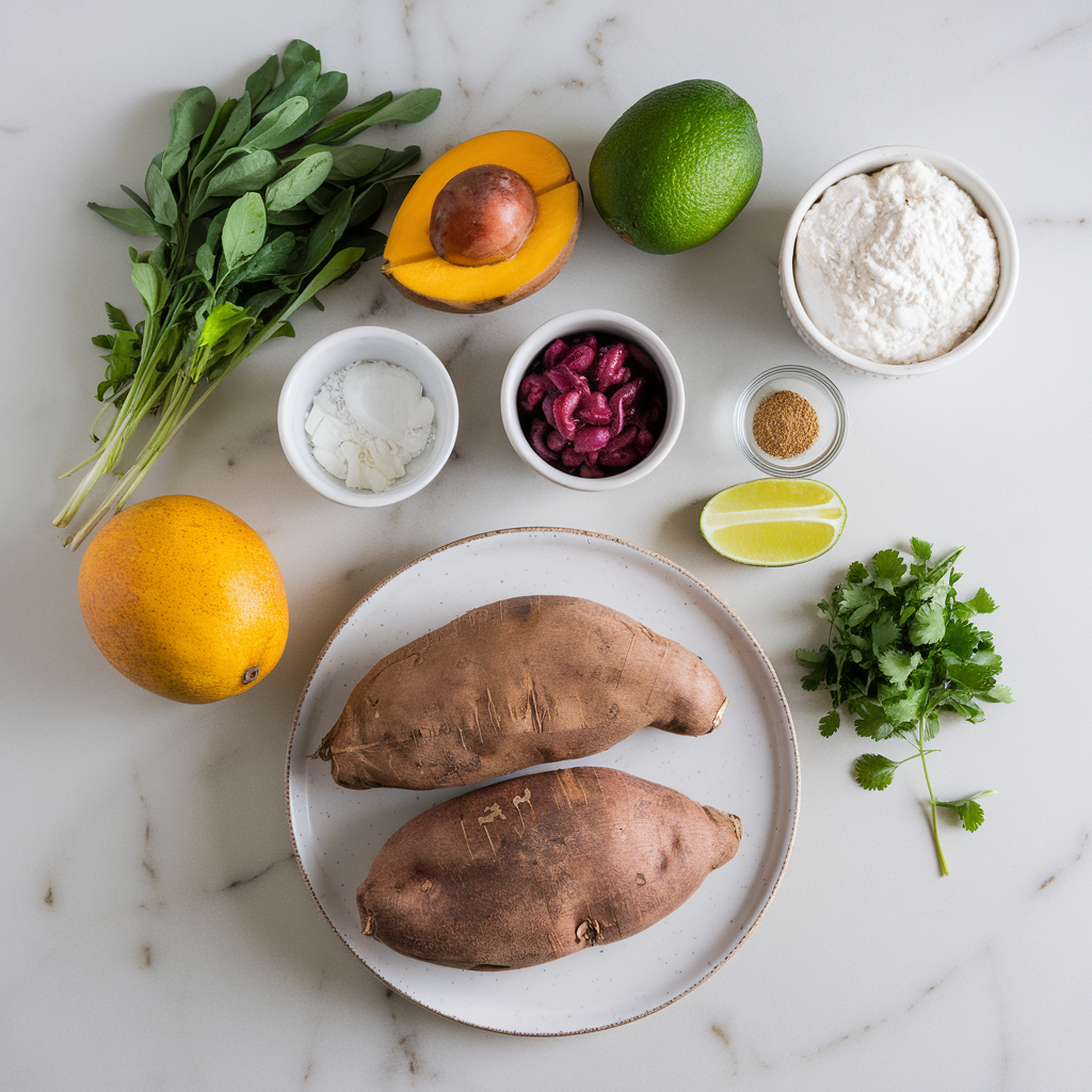 Ingredients for Zesty Mango & Black Bean Stuffed Sweet Potatoes with Avocado Lime Drizzle