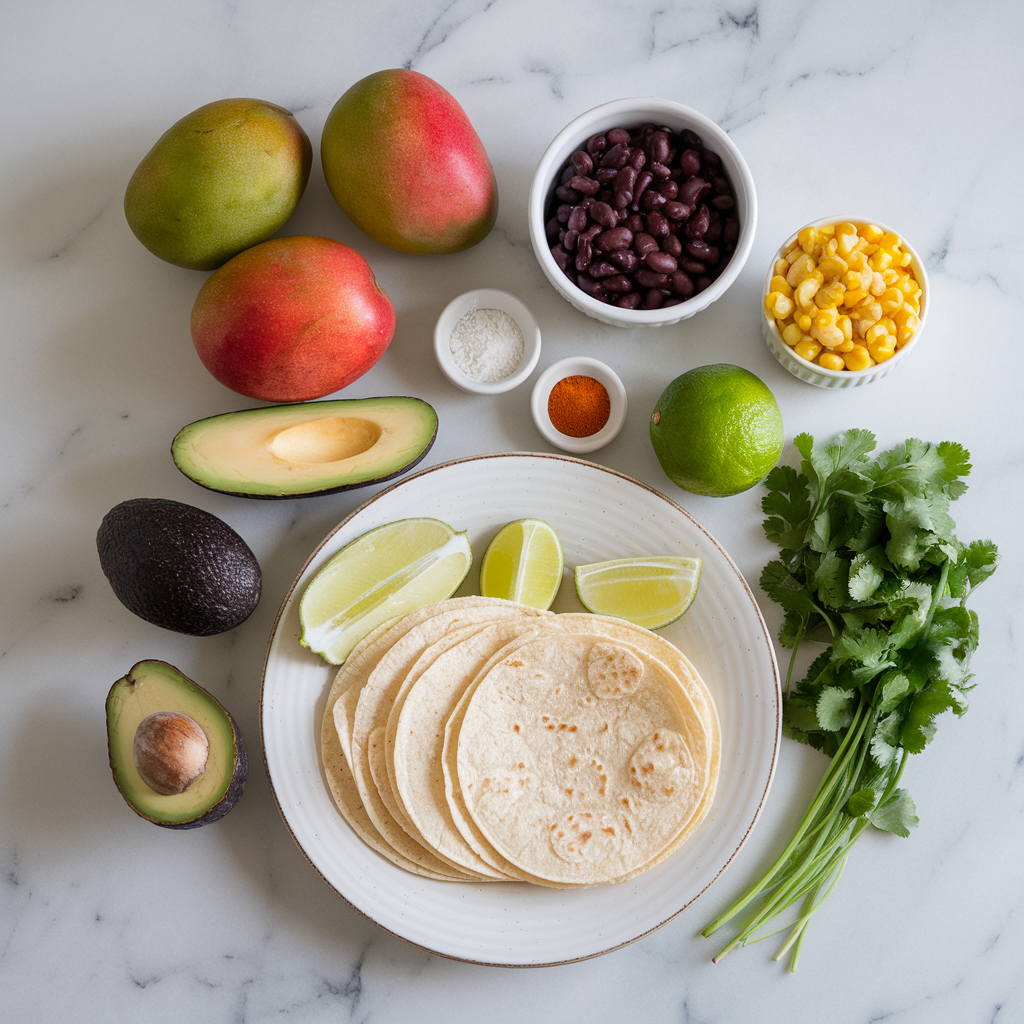Ingredients for Zesty Mango & Black Bean Tacos with Avocado Lime Crema