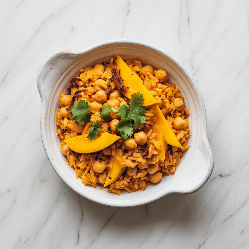 Zesty Mango & Chickpea Stir-Fry with Almond Saffron Rice