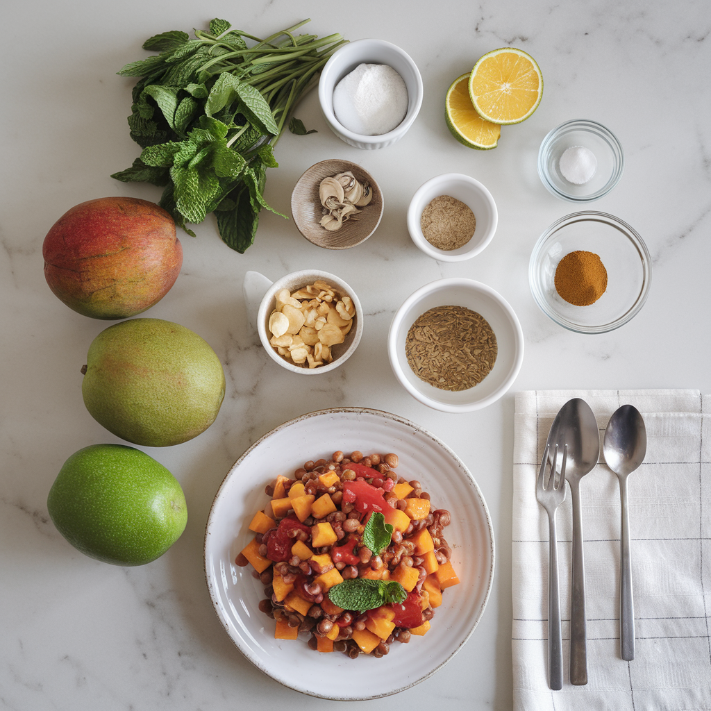 Ingredients for Zesty Mango Lentil Skillet with Fresh Mint & Spices