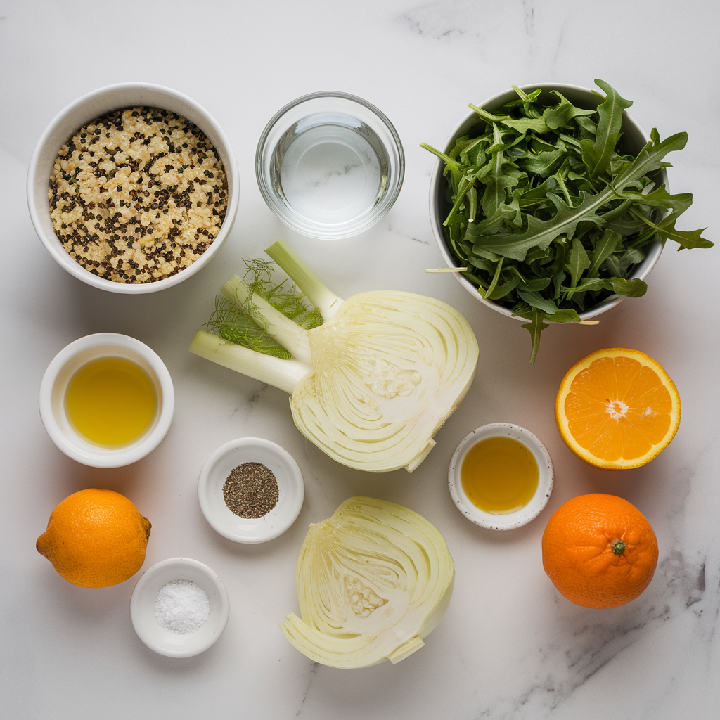 Ingredients for Zesty Quinoa and Roasted Fennel Salad with Citrus Vinaigrette