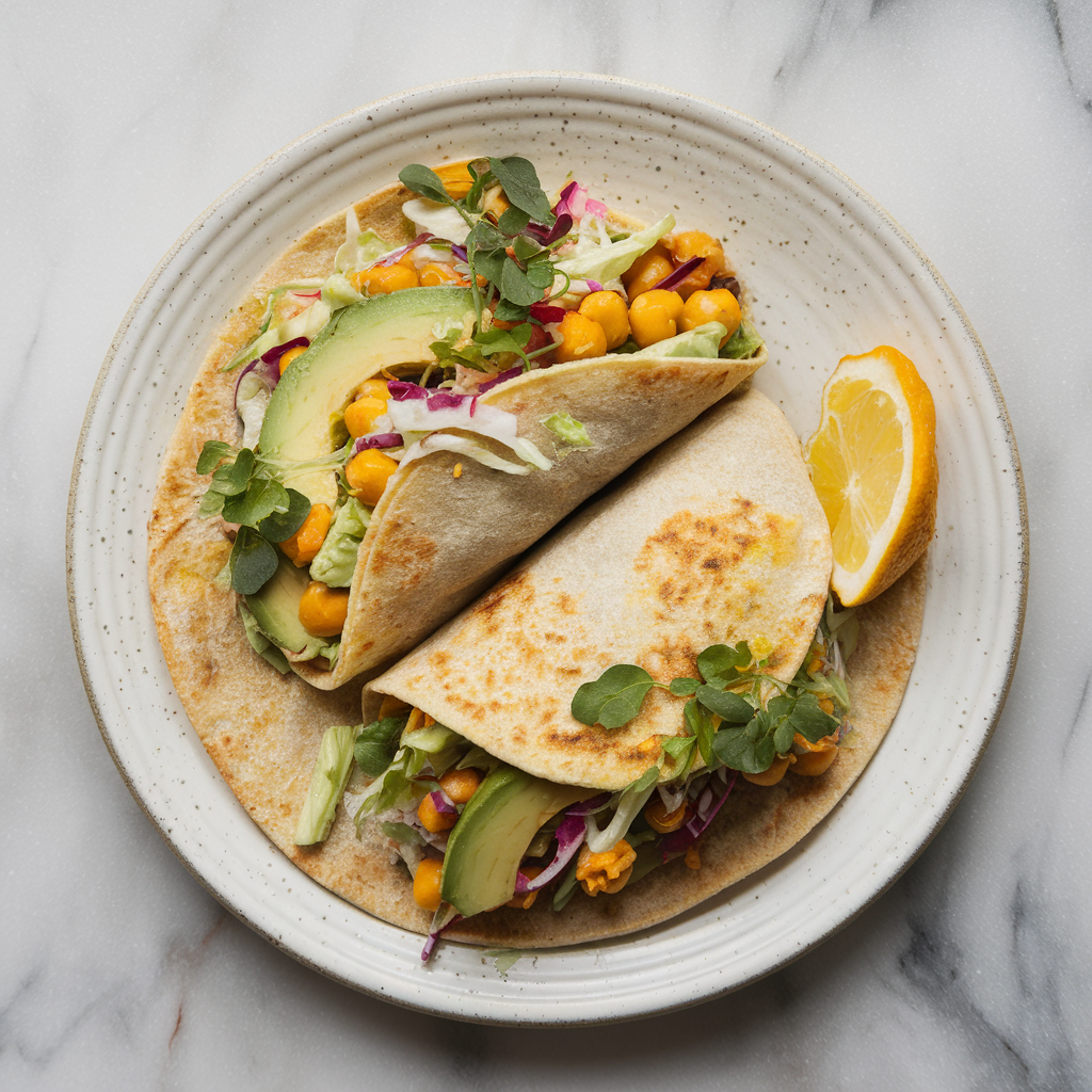 Zesty Saffron Chickpea & Avocado Wraps with Tangy Citrus Slaw