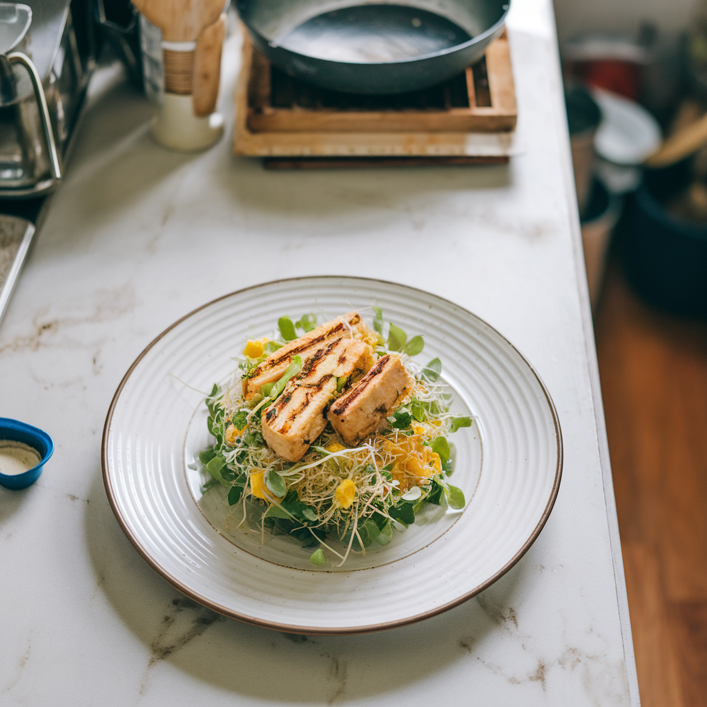 Zesty Tamarind and Mango Sprout Salad with Grilled Lemongrass Tempeh