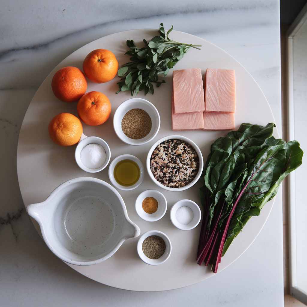 Ingredients for Zesty Tangerine and Cumin Baked Tempeh Over Quinoa with Chard