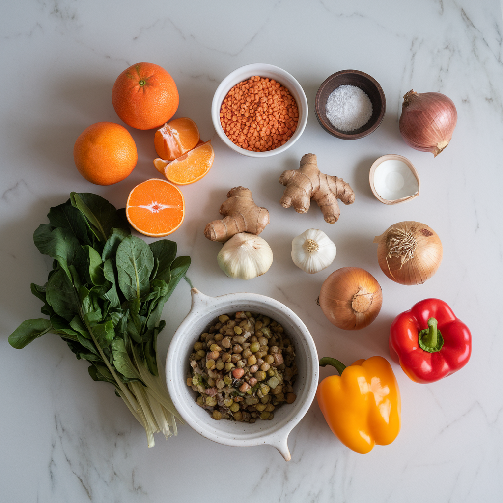 Ingredients for Zesty Tangerine & Lentil Stir-Fry with Gingered Greens