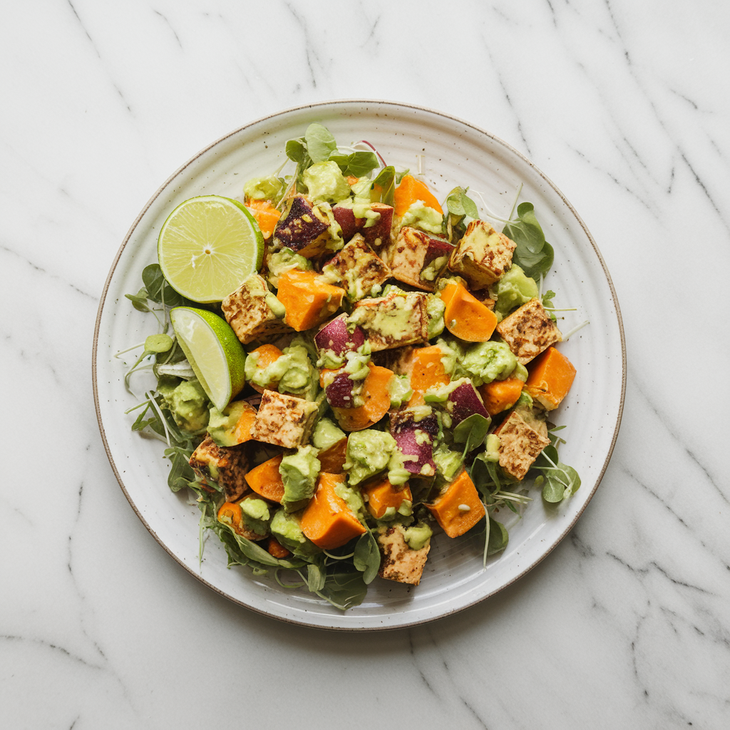 Zesty Tempeh and Sweet Potato Salad with Avocado Lime Dressing