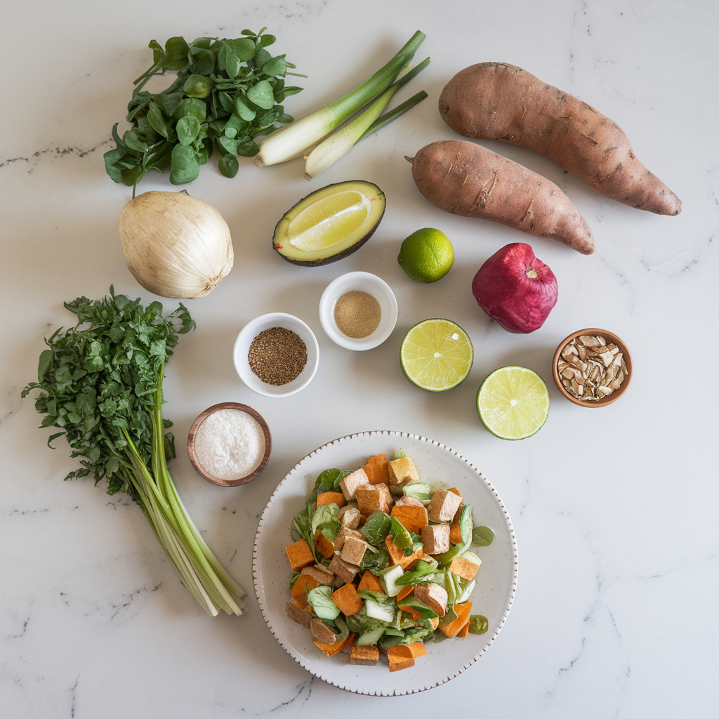 Ingredients for Zesty Tempeh and Sweet Potato Salad with Avocado Lime Dressing