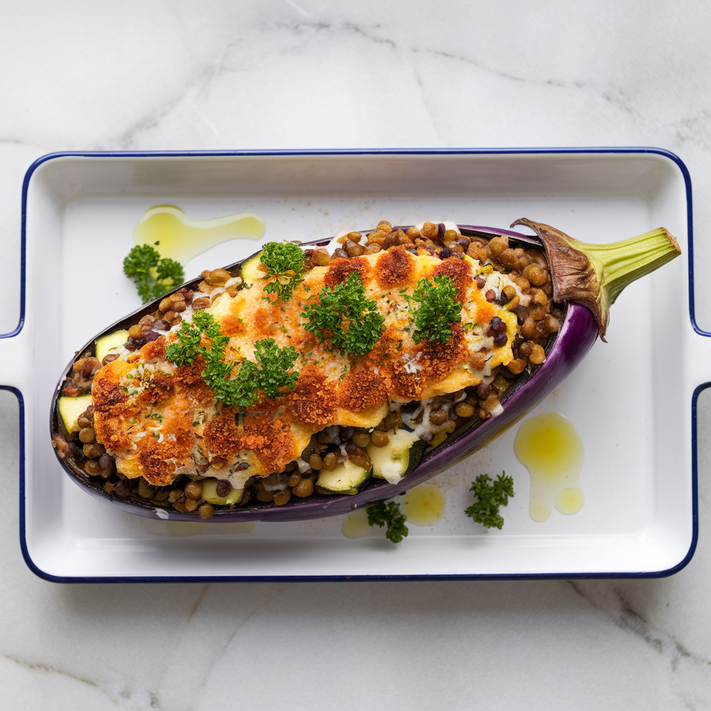 Zucchini and Lentil Stuffed Eggplant Boats