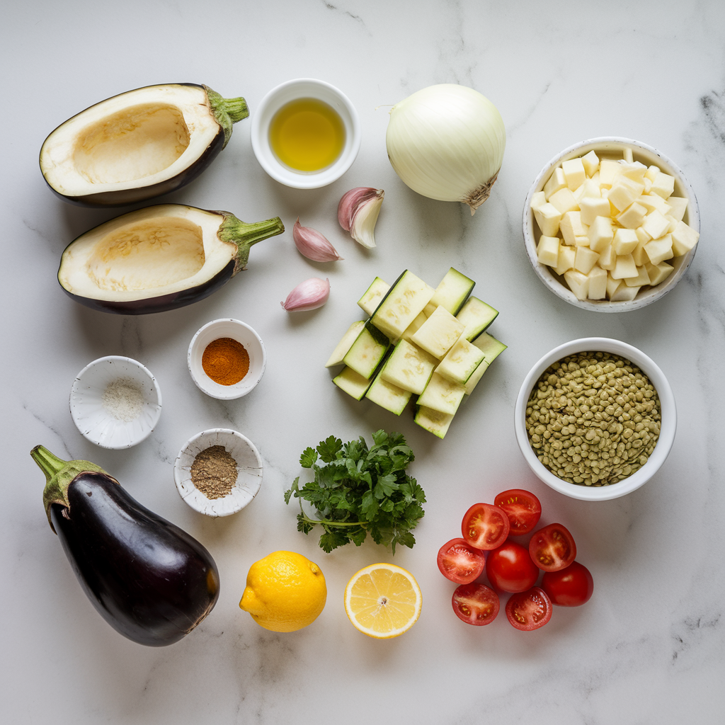 Ingredients for Zucchini and Lentil Stuffed Eggplant Boats